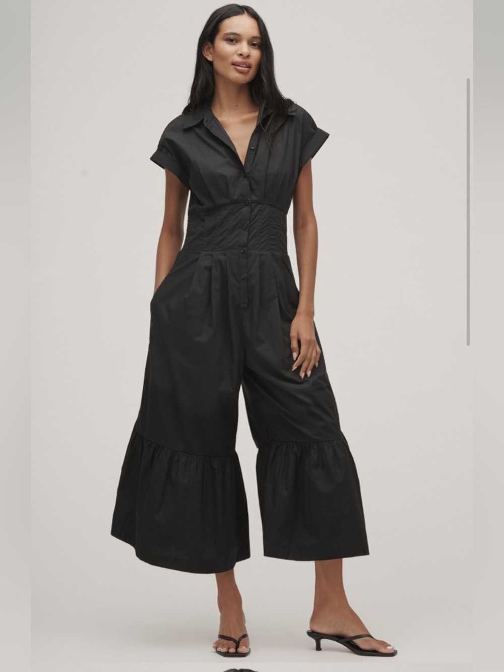 Anthropologie Shirting Black Smocked Waist Wide-Leg Jumpsuit - Women M Tall